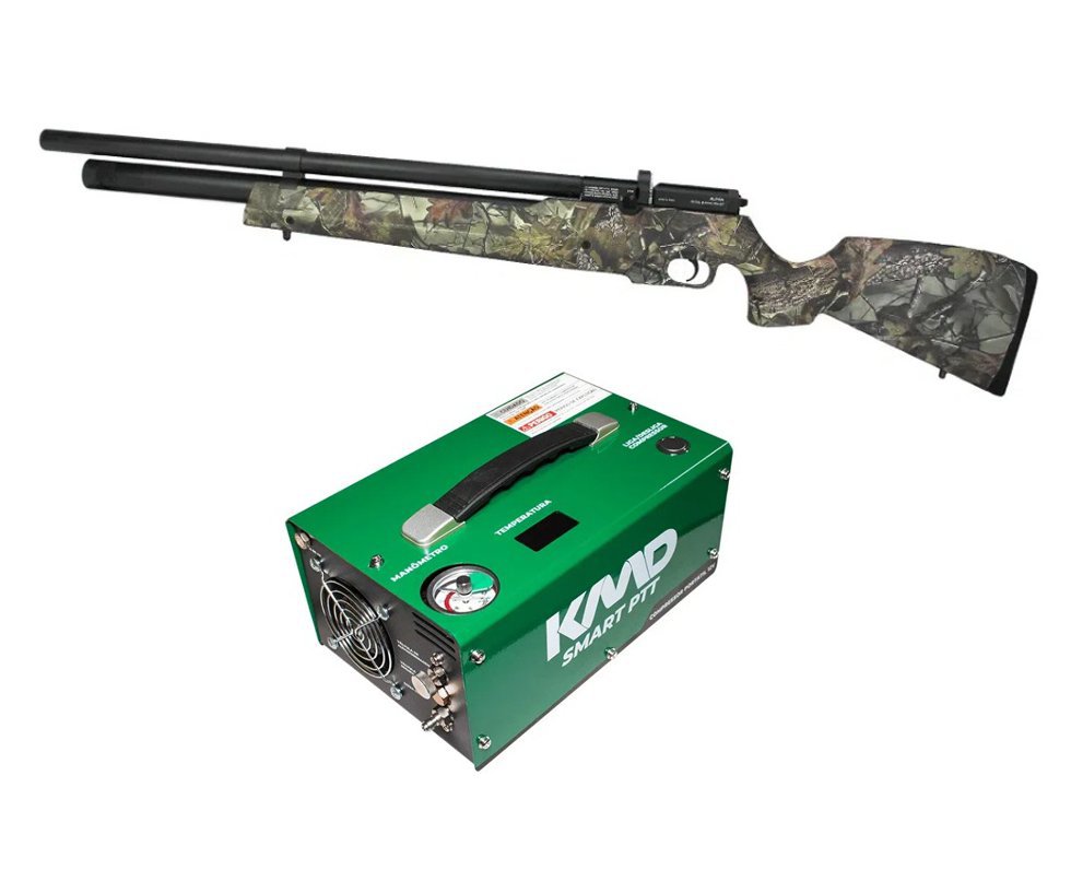 Carabina de Pressão PCP Alpha 6.35mm Camu Regulagem Potencia + Compressor Portátil 300 BAR - KMD