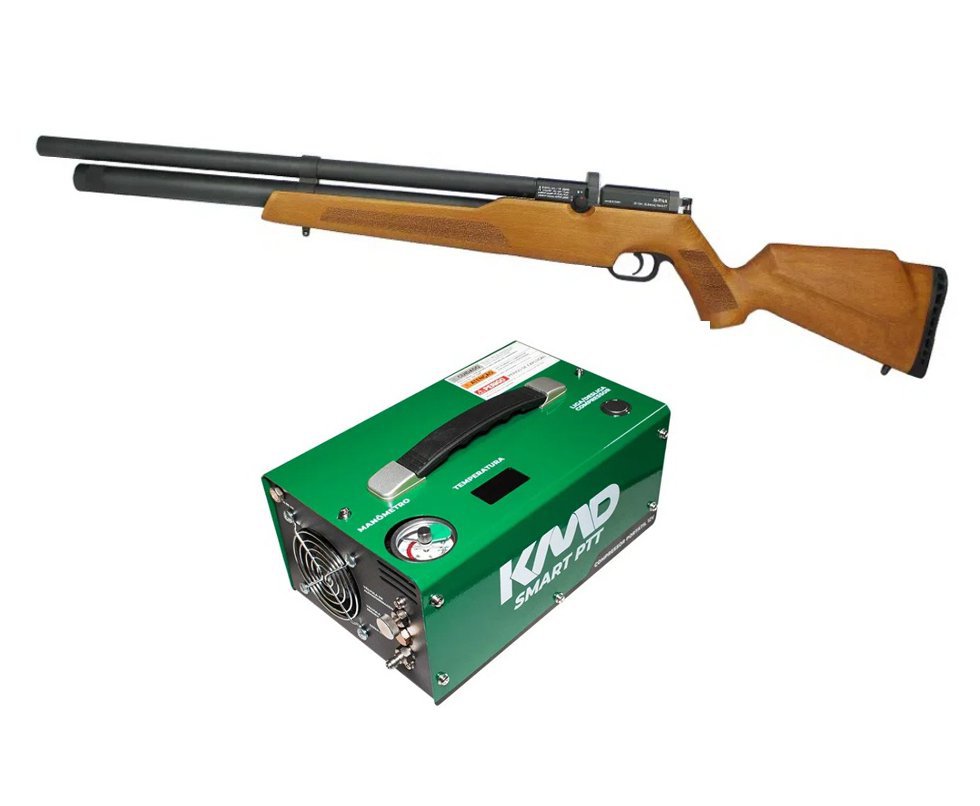 Carabina De Pressão PCP Alpha 6.35mm WOOD com Valvula Reguladora + Compressor Portátil 300 BAR - KMD