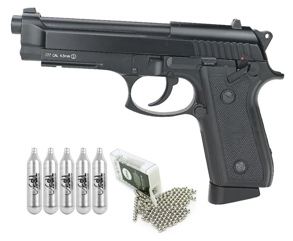 Pistola de Pressão CO2 PT92 GBB Blowback Full Auto 4.5 + Co2 + BBS