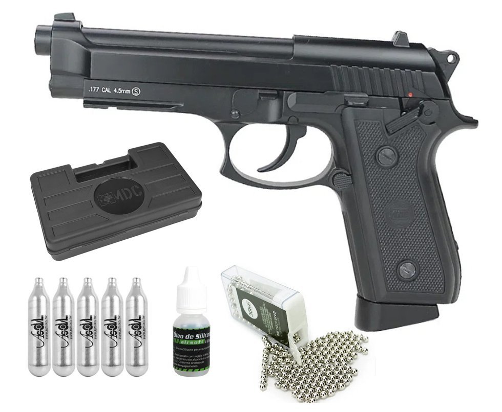 Pistola de Pressão CO2 PT92 GBB Blowback Full Auto 4.5 + Co2 + BBS + Óleo + Case