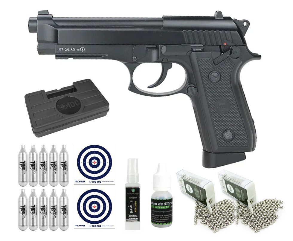 Pistola de Pressão CO2 PT92 GBB Blowback Full Auto 4.5 + Co2 + BBS + Óleo + Case + Alvos + Kamuff
