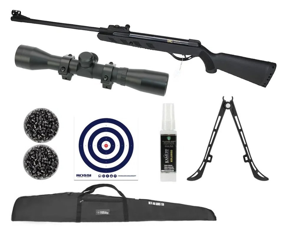 Carabina de Pressão Scorpion 5,5 + Capa + Luneta 4x32 + Chumbos + Alvos + Bipé + Kamuff