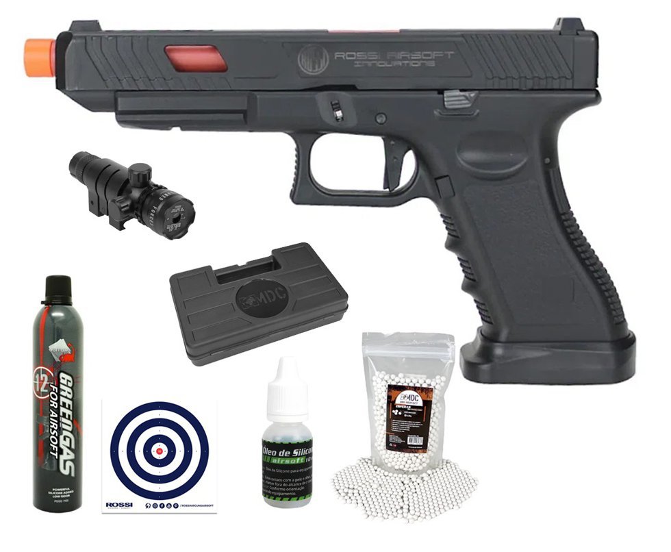 Pistola de Airsoft Rossi GK Combat Master Blowback 6mm + Green Gás+ BBS + Case + Alvos + Óleo + Laser