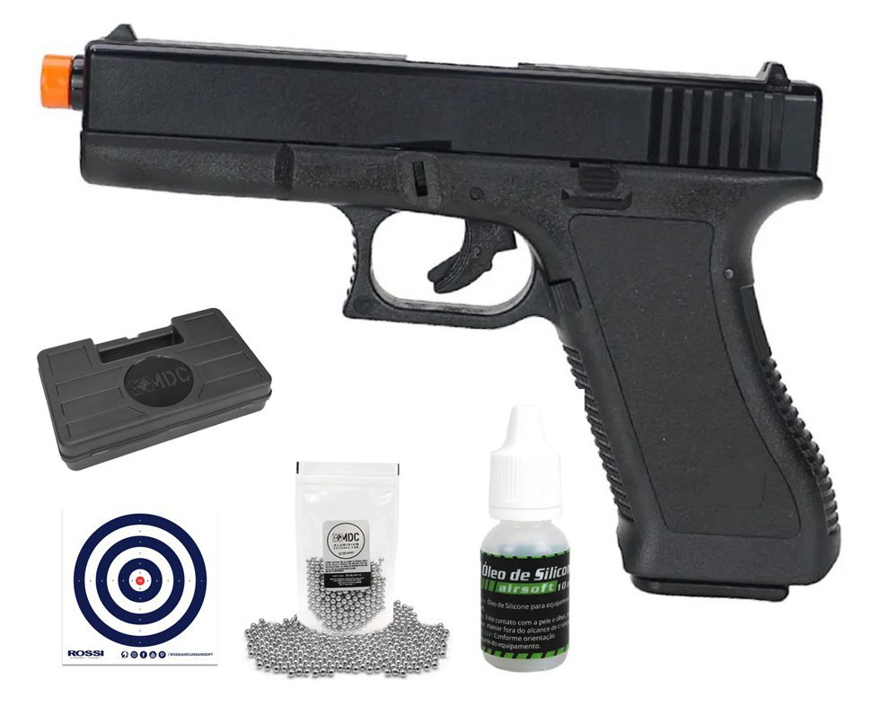 Pistola de Pressão Spring K17 G17 Esfera Alumínio + BBS + Case + Alvos + Óleo