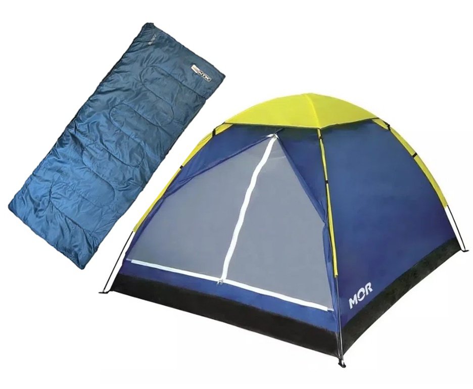 Saco dormir Bugy solteiro Camping NKT 8°C e 15°C Preto AZUL + Barraca Iglu 3 Pessoas
