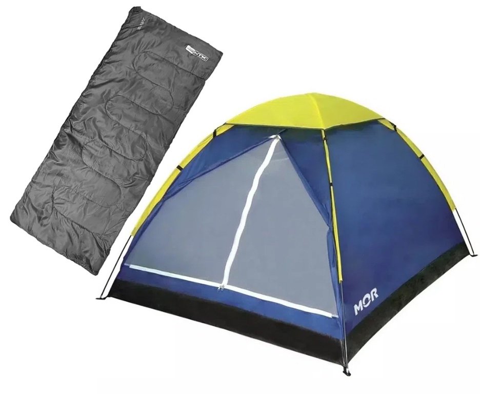 Saco dormir Bugy solteiro Camping NKT 8°C e 15°C Preto + Barraca Iglu 3 Pessoas