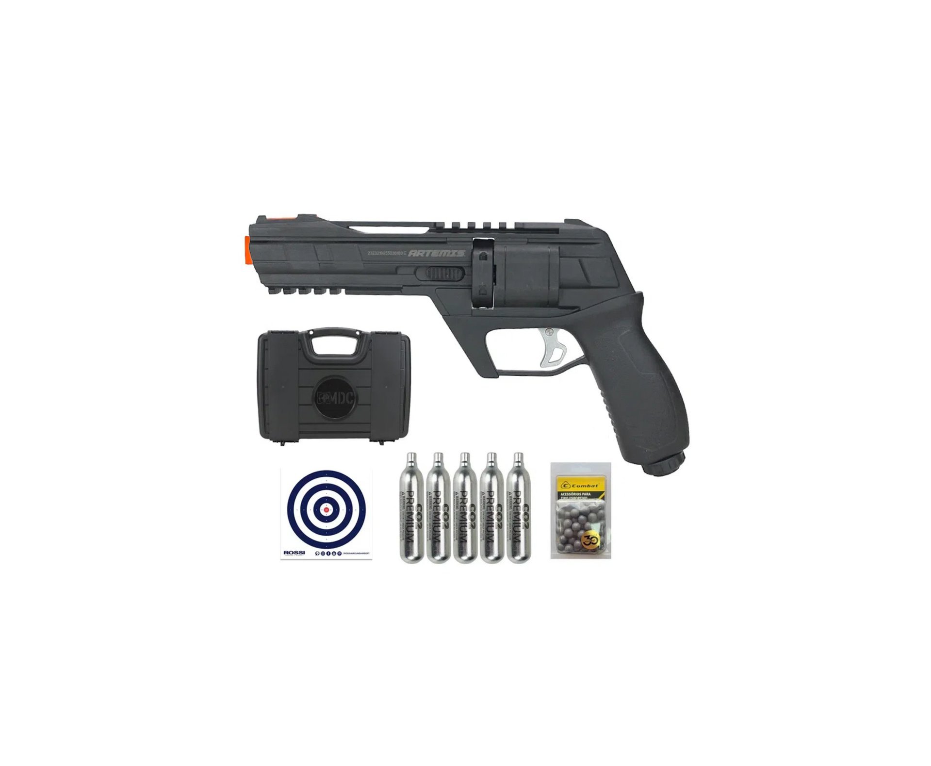 Revólver de Pressão HDR CO2 CP300 Defender .50 + Co2 + Case + Alvos + BBS de Borracha