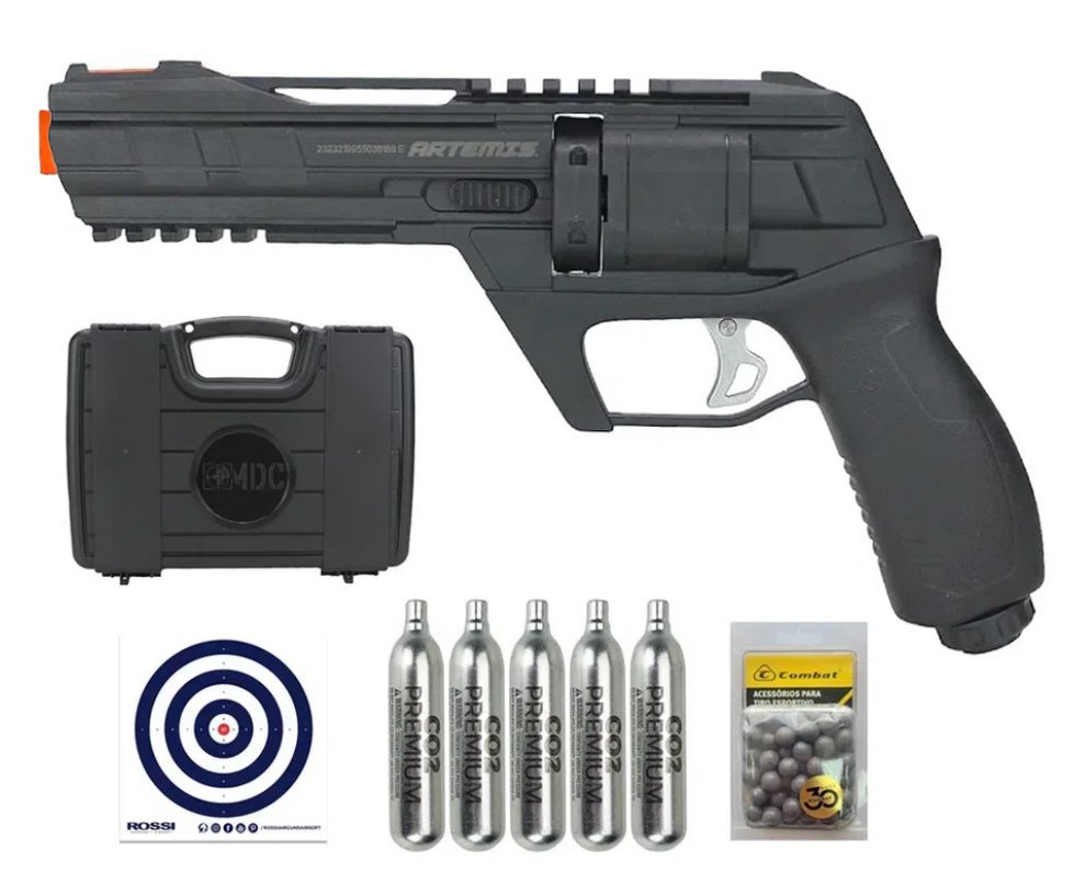 Revólver de Pressão HDR CO2 CP300 Defender .50 + Co2 + Case + Alvos + BBS de Borracha