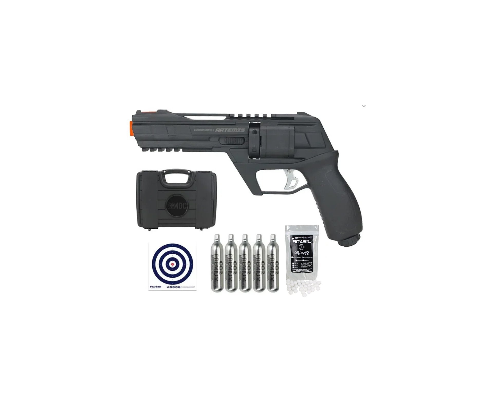 Revólver de Pressão HDR CO2 CP300 Defender .50 + Co2 + Case + Alvos + BBS de Plástico