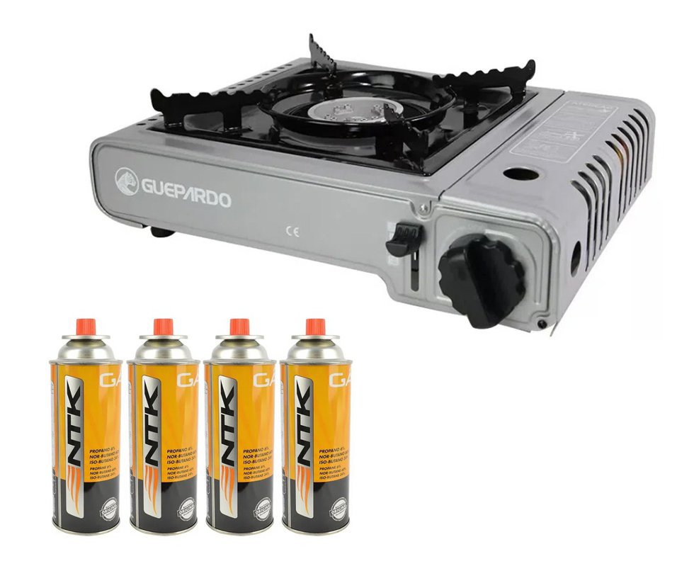 Fogareiro Horizontal Duppio Cinza- Guepardo + Refil Gas Para Fogareiro Campgas Com 4 Und