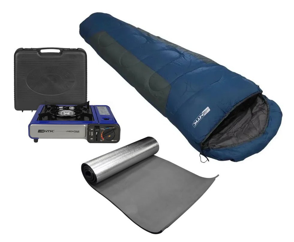 Saco De Dormir Mummy -1°c A +8°c Azul E Cinza + Isolante + Fogareiro Frontier Azul