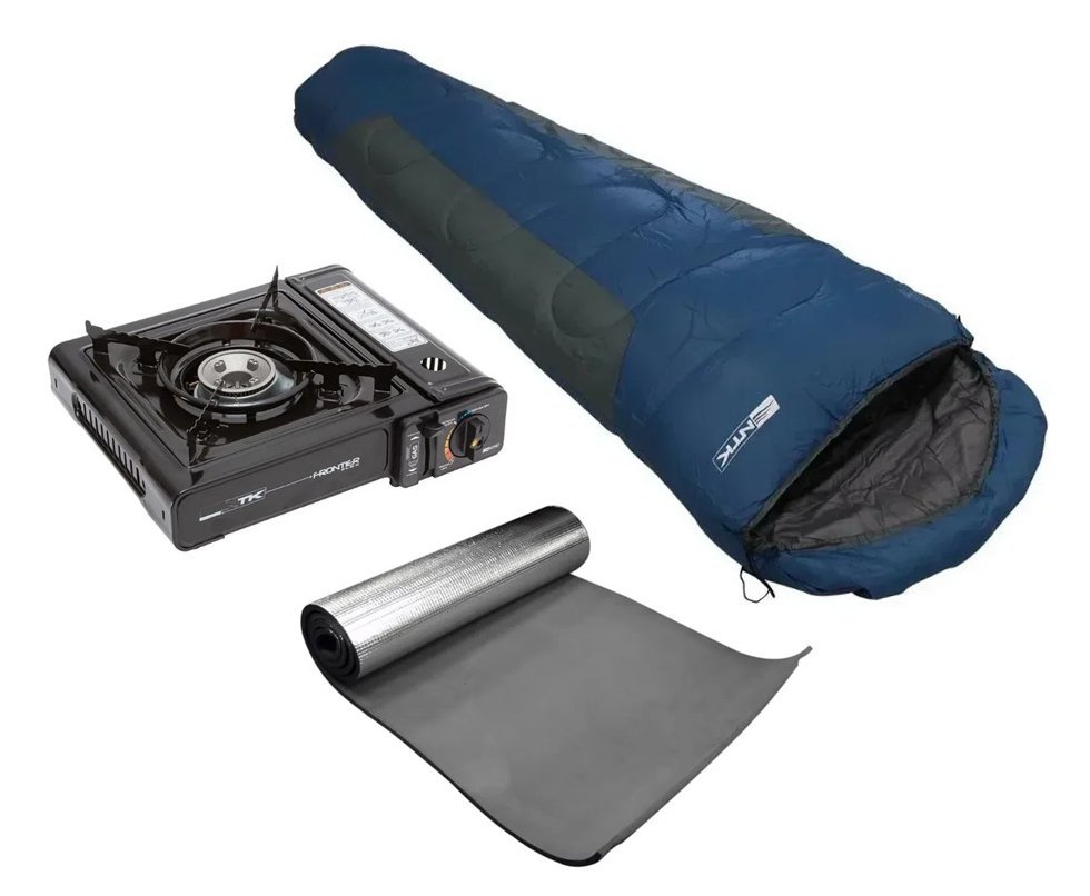 Saco De Dormir Mummy -1°c A +8°c Azul E Cinza + Isolante + Fogareiro Frontier Preto