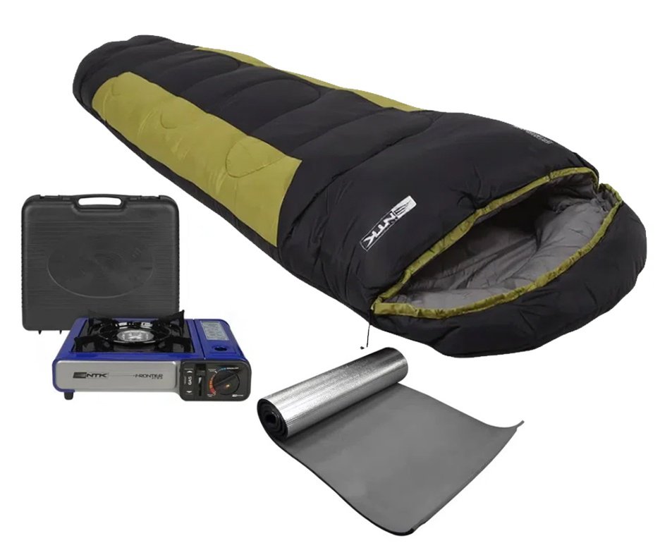 Saco De Dormir Nautika Modelo Mummy -1°c A +8°c Preto Com Verde  + Isolante + Fogareiro Frontier Azul