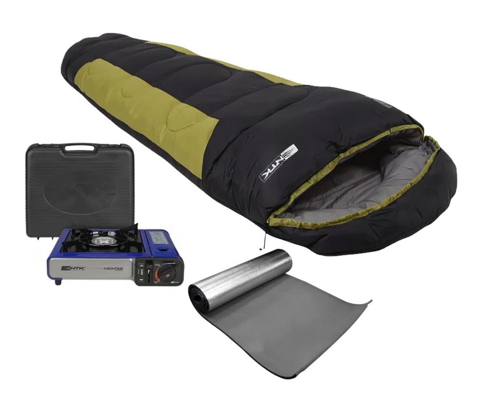 Saco De Dormir Nautika Modelo Mummy -1°c A +8°c Preto Com Verde  + Isolante + Fogareiro Frontier Azul