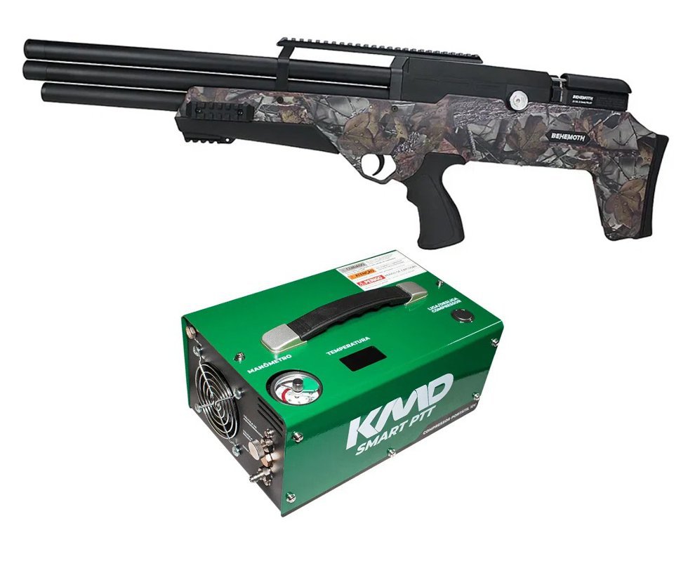 Carabina de Pressão PCP Behemoth PS-R3-SF 5,5mm Camuflada - Nova Vista + Compressor para PCP Compacto 300BAR 110V/220V/12V SMART PTT KMD