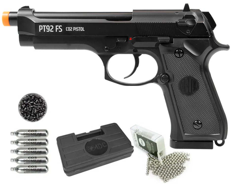 Pistola de Pressão CO2 M92 FS Chumbinho/BBS Dual Ammo 4,5 + Co2 + BBS + Chumbo + Case