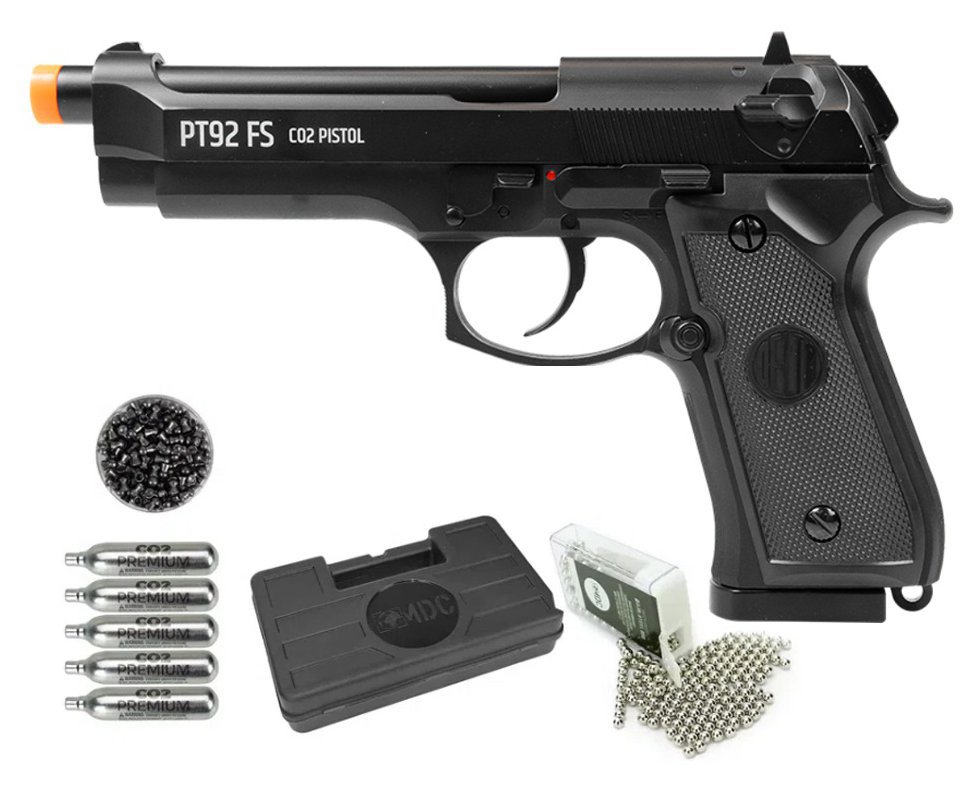 Pistola de Pressão CO2 M92 FS Chumbinho/BBS Dual Ammo 4,5 + Co2 + BBS + Chumbo + Case