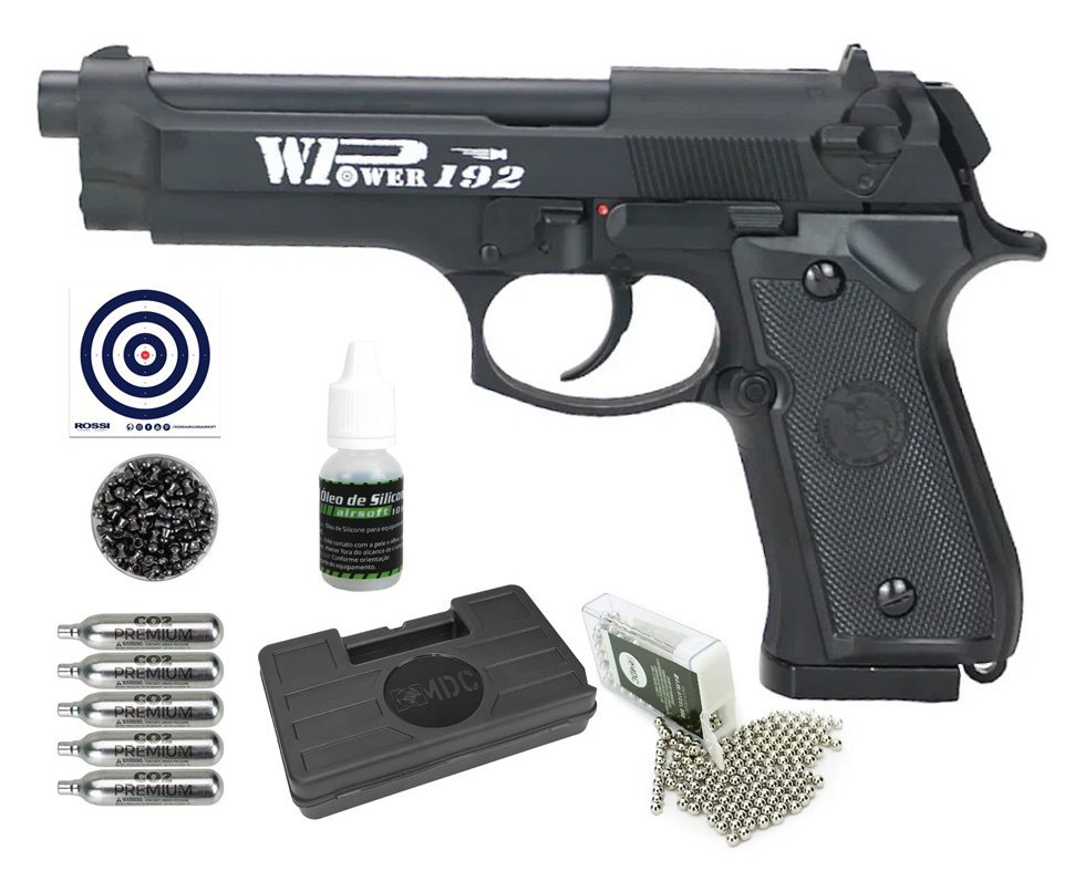 Pistola de Pressão CO2 M92 FS Chumbinho/BBS Dual Ammo 4,5 + Co2 + BBS + Chumbo + Case + Alvos + Óleo