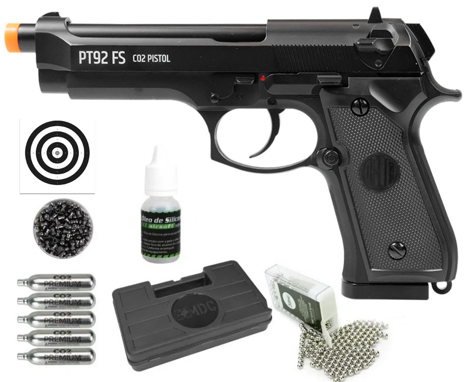 Pistola de Pressão CO2 M92 FS Chumbinho/BBS Dual Ammo 4,5 + Co2 + BBS + Chumbo + Case + Alvos + Óleo