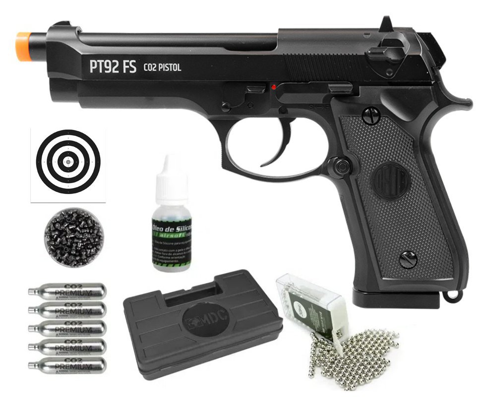 Pistola de Pressão CO2 M92 FS Chumbinho/BBS Dual Ammo 4,5 + Co2 + BBS + Chumbo + Case + Alvos + Óleo