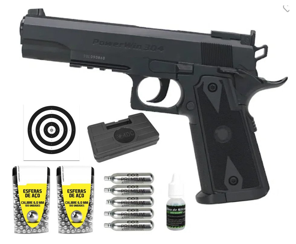 Pistola de Pressão CO2 1911 Tactical BBs Aço 6mm + Co2 + BBS + Alvos + Case + Óleo