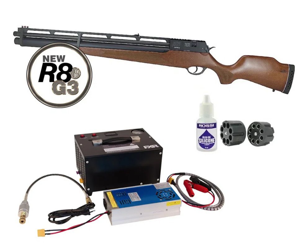 Carabina De Pressão PCP Rossi R8 G3 Madeira STD 6.35 Alto Fluxo + Compressor