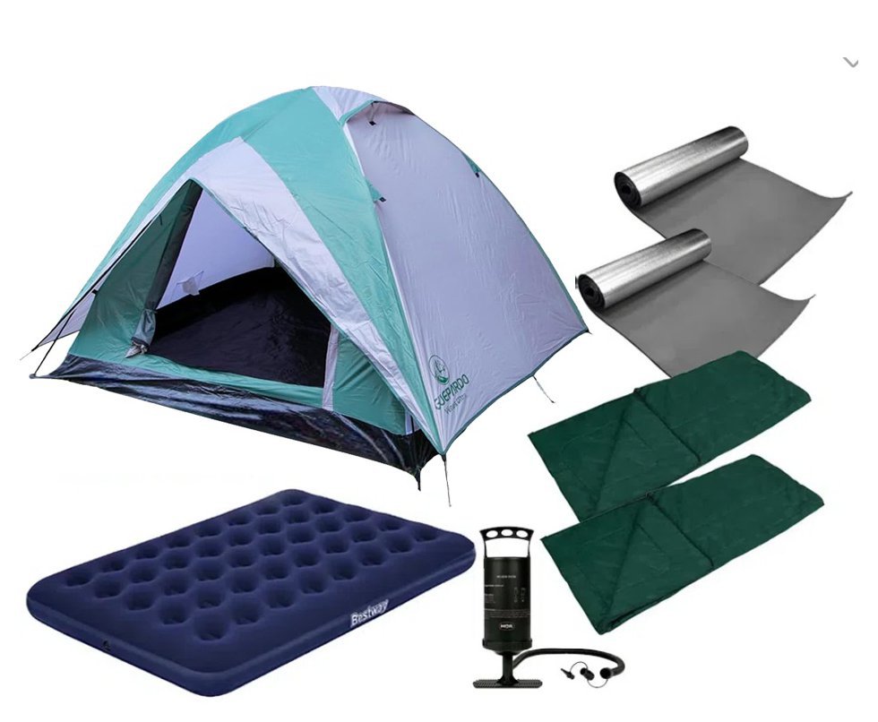 Barraca Guepardo News Vênus Ultra PRO 3 Pessoas 2500mm + Colchão de Casal + Bomba de Ar + Isolantes + Sacos de Dormir