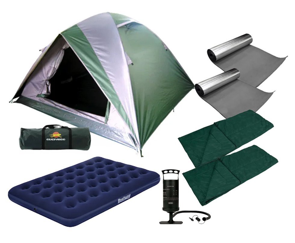 Barraca Guepardo News Vênus Ultra PRO 3 Pessoas 2500mm + Colchão de Casal + Bomba de Ar  + Isolantes + Sacos de Dormir