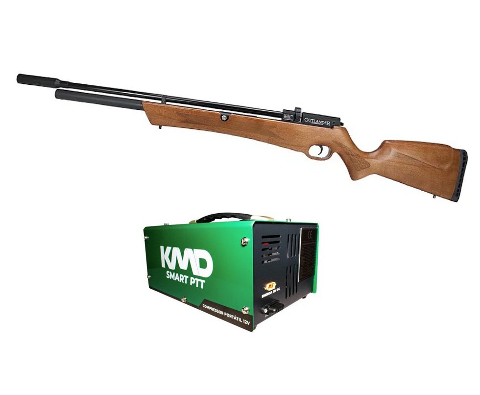 Carabina de Pressão PCP Rossi Outlander VR Válvula Reguladora Madeira 5.5mm + Compressor de ar para PCP Compacto portátil 300BAR 110V/220V/12V