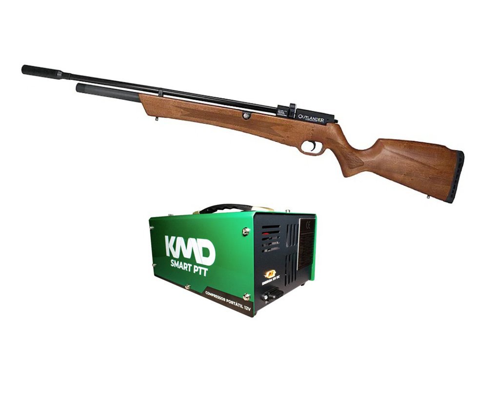 Carabina de Pressão PCP Rossi Outlander Madeira 5,5mm - Rossi + Compressor de ar para PCP Compacto portátil 300BAR 110V/220V/12V SMART PTT KMD