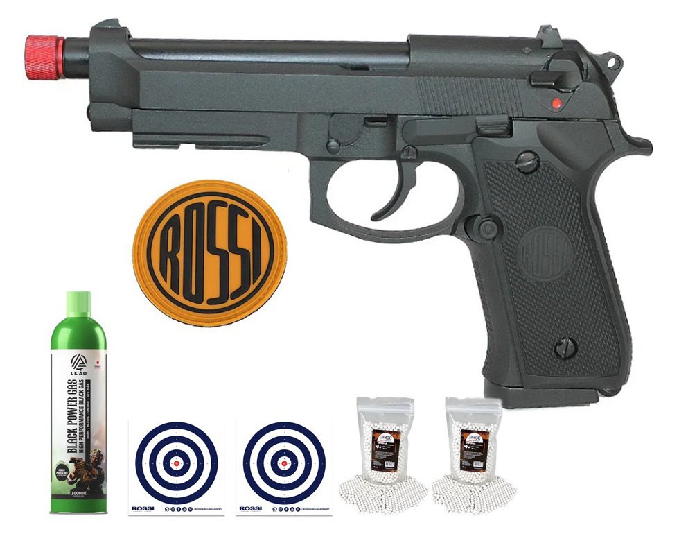Pistola de Airsoft Gás GBB Beretta M92 com Blowback 6mm Rossi + Green Gas + BBs + Alvos