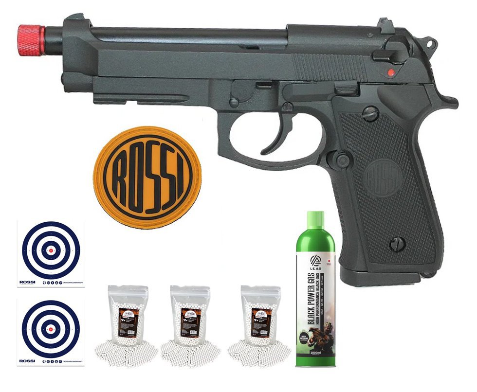 Pistola de Airsoft Gás GBB Beretta M92 com Blowback 6mm Rossi + Green gás +  03 Pacotes de BBs + Alvos