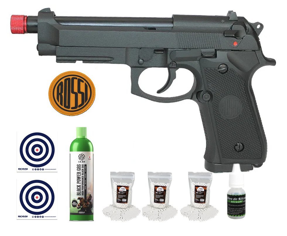 Pistola de Airsoft Gás GBB Beretta M92 com Blowback 6mm Rossi + Green Gás+ Óleo de silicone + 03 BBs + Alvos