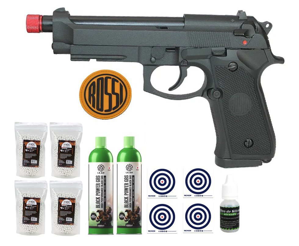 Pistola de Airsoft Gás GBB Beretta M92 com Blowback 6mm Rossi + 02 Refil Green Gás + 04 BBs + Alvos + Óleo de Silicone