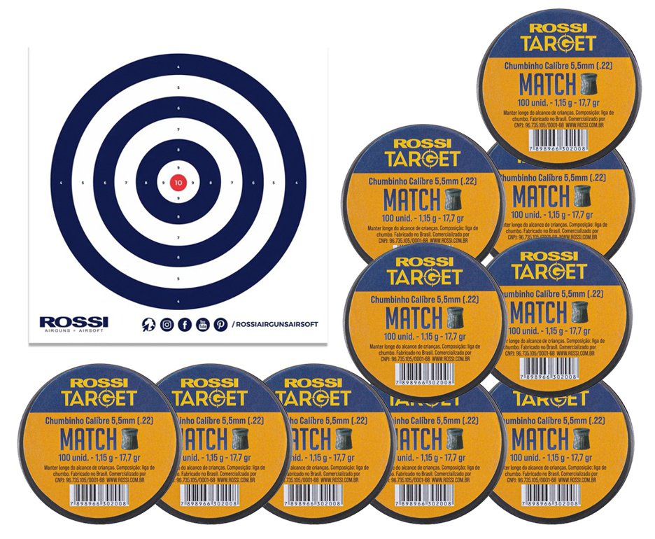 Kit 10 Cx Chumbinho Target Match 5,5mm .22 100und Rossi + Alvos