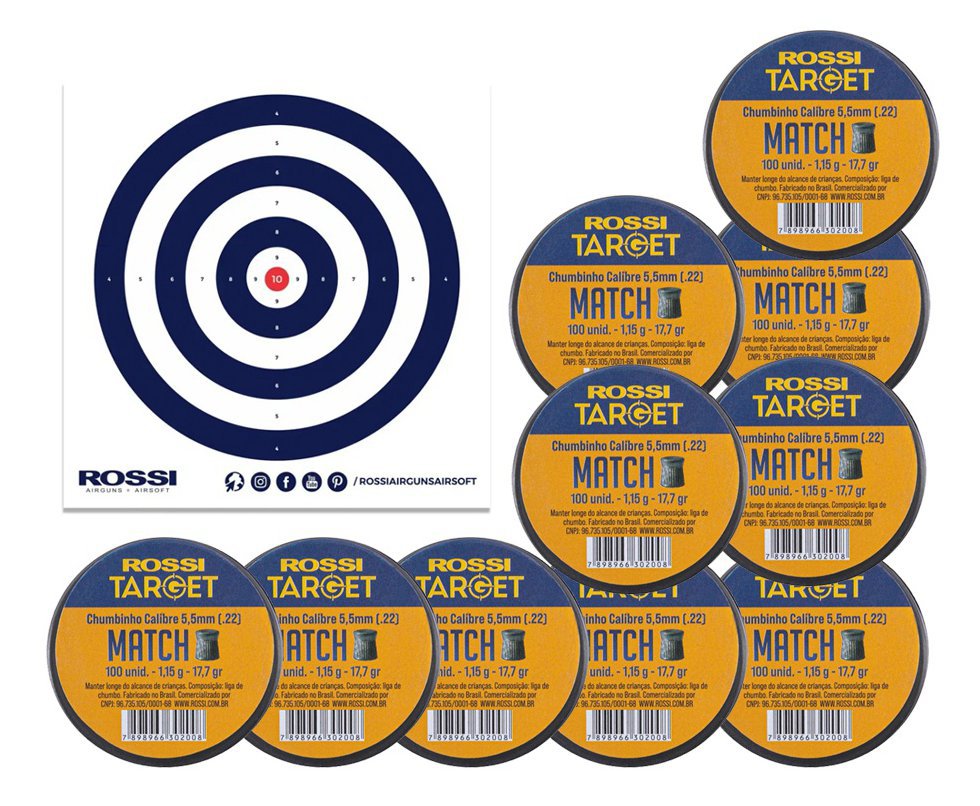 Kit 10 Cx Chumbinho Target Match 5,5mm .22 100und Rossi + Alvos