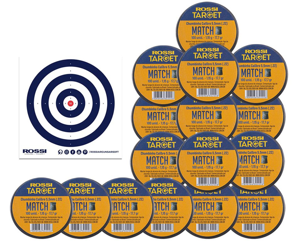 Kit 15 Cx Chumbinho Target Match 5,5mm .22 100und Rossi + Alvos