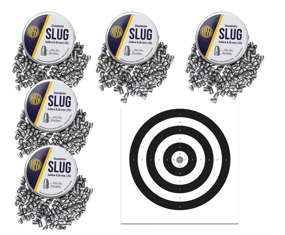 Kit 05 Cx Chumbinho Slug 6,35mm 33 grains 200un Alto poder de parada - Rossi + Alvos