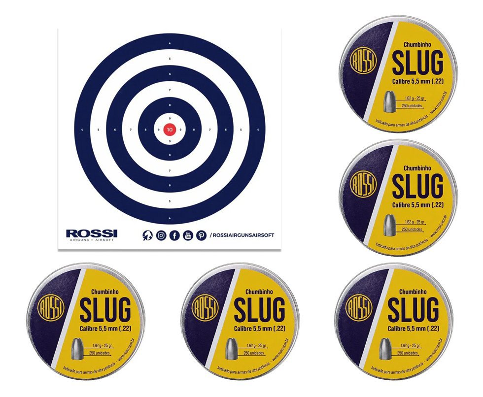 Kit 05 Cx Chumbinho Slug 5,5mm 250un 25 grains alto poder parada - Rossi + Alvos