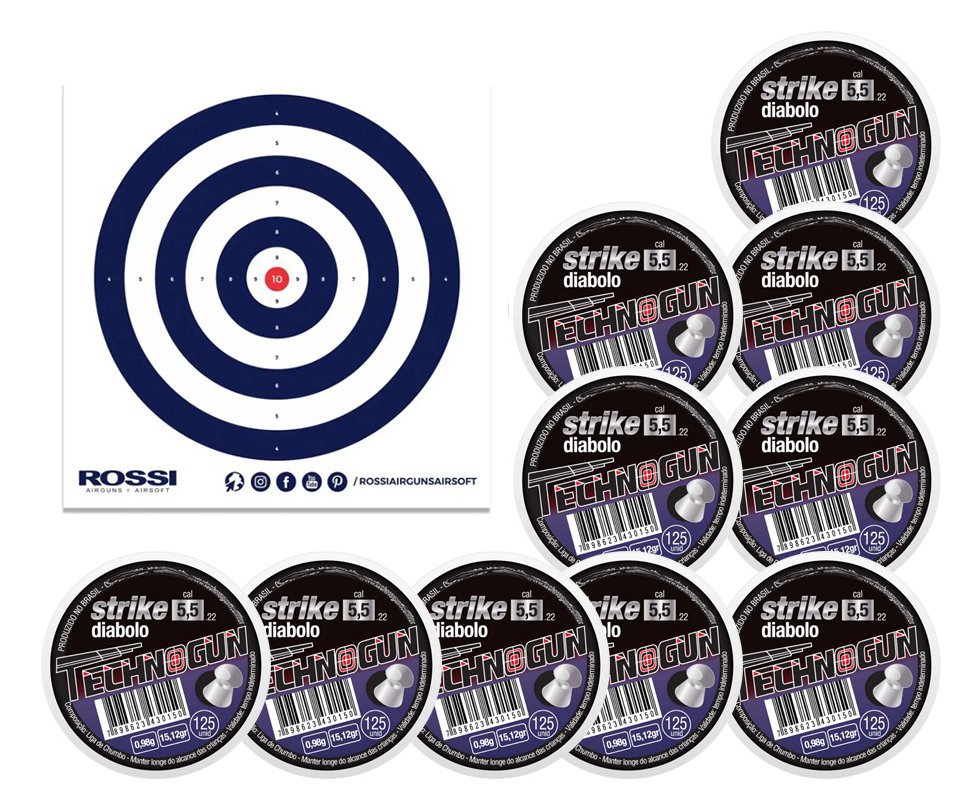 Kit 10 Cx Chumbinho Strike Diabolo - Calibre 5,5 Mm - 125 Unidades - Technogun + Alvos