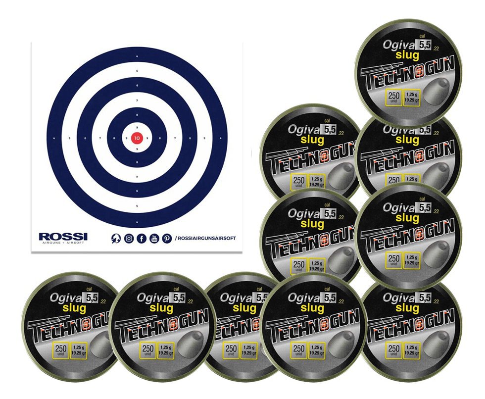 Kit 10 Cx Chumbinho Ogiva Slug 5.5mm alto poder de parada com 250und- Technogun + Alvos