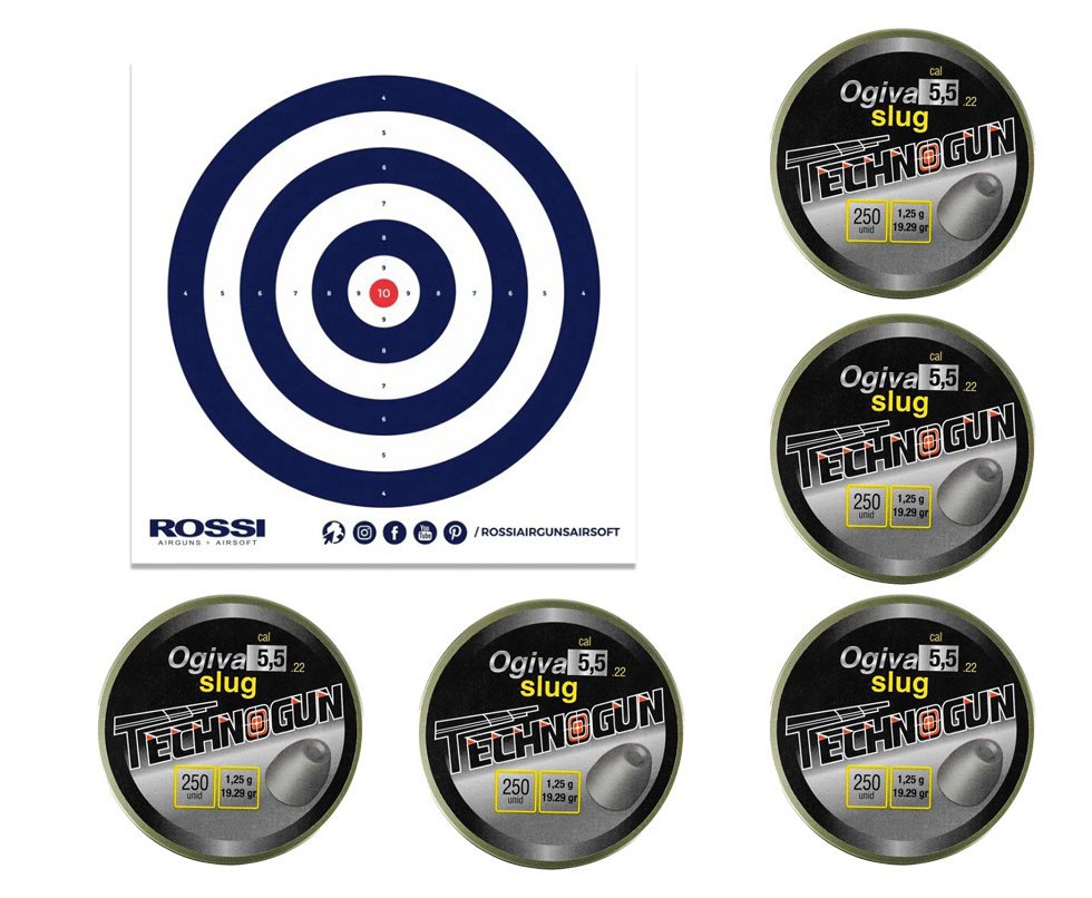Kit 05 Cx Chumbinho Ogiva Slug 5.5mm alto poder de parada com 250und- Technogun + Alvos