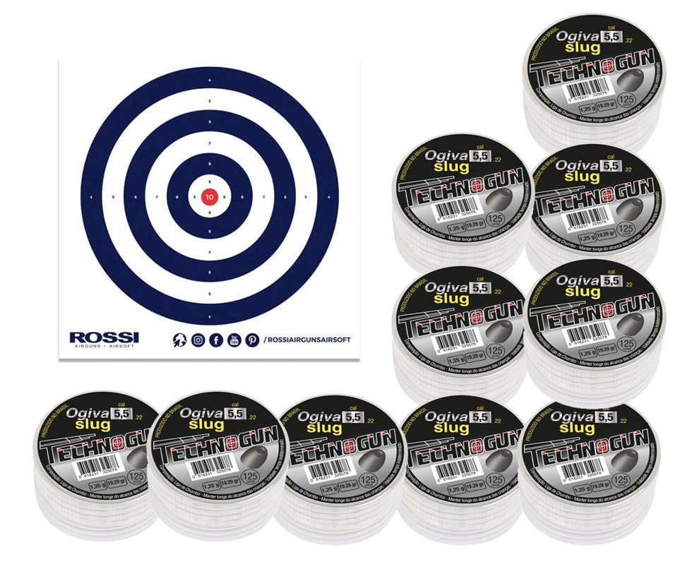 Kit 10 Cx Chumbinho Ogiva Slug 5,5mm com 125 unid - Technogun + Alvos