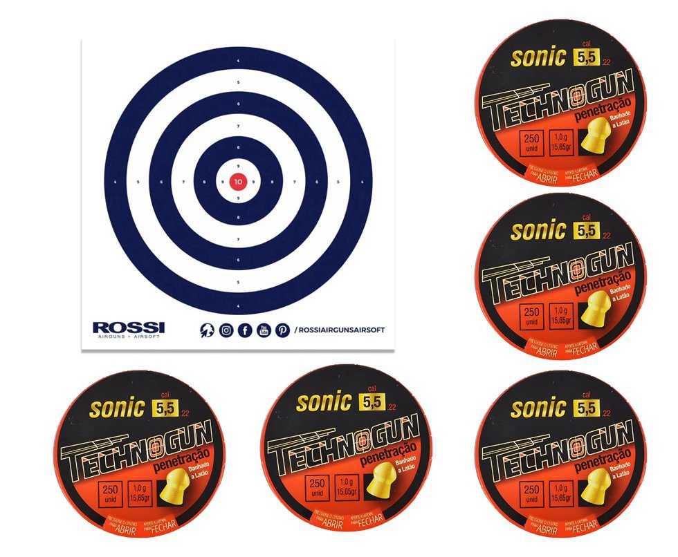 Kit 05 Cx Chumbinho Sonic Gold Latonado - Calibre 5,5 Mm - Com 250 Unid - Technogun + Alvos