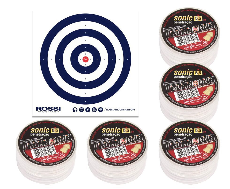 Kit 05 Cx Chumbinho Sonic Gold Latonado - Calibre 5,5 Mm - Com 125 Unid - Technogun + Alvos