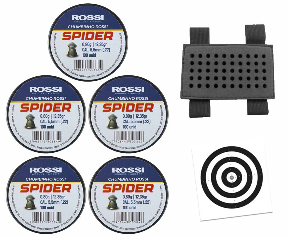 Kit 05 Cx Chumbinho Rossi Spider 5,5mm + Porta Chumbinho  + Alvos