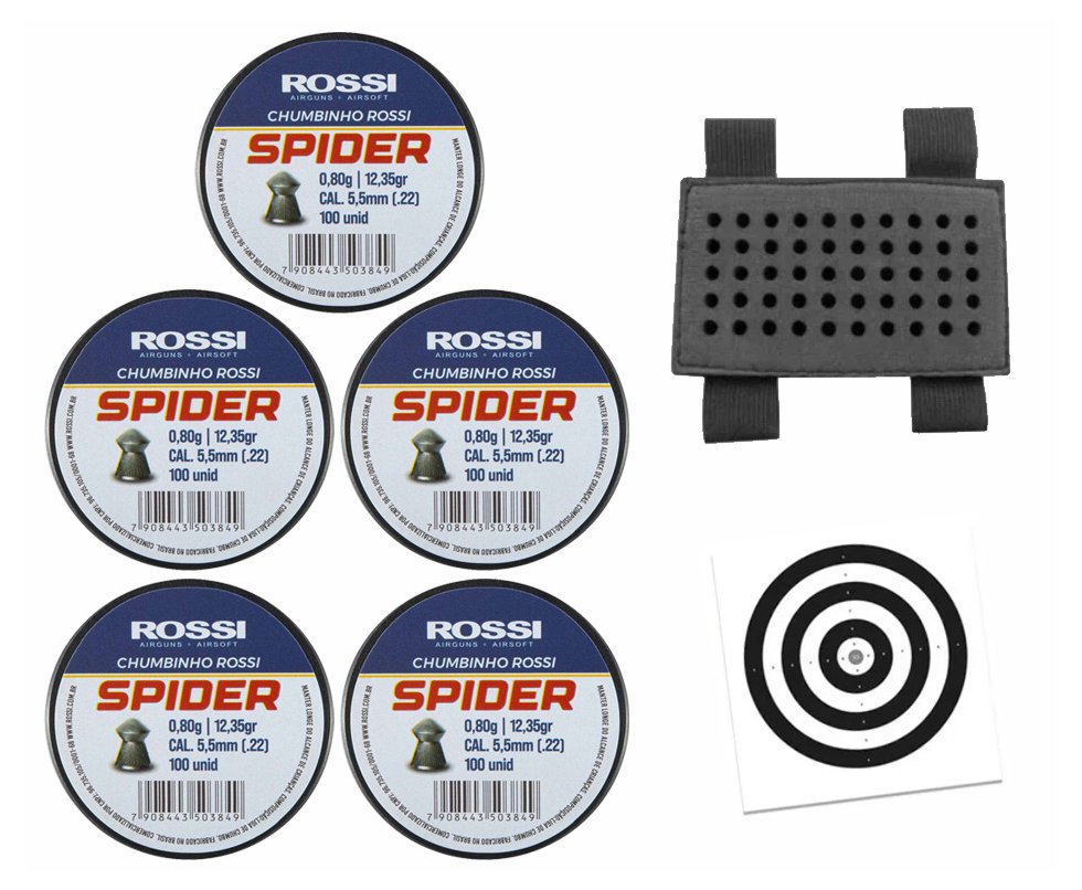 Kit 05 Cx Chumbinho Rossi Spider 5,5mm + Porta Chumbinho + Alvos