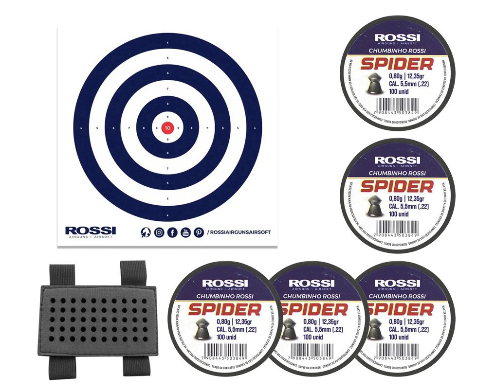 Kit 05 Cx Chumbinho Rossi Spider 5,5mm + Porta Chumbinho + Alvos