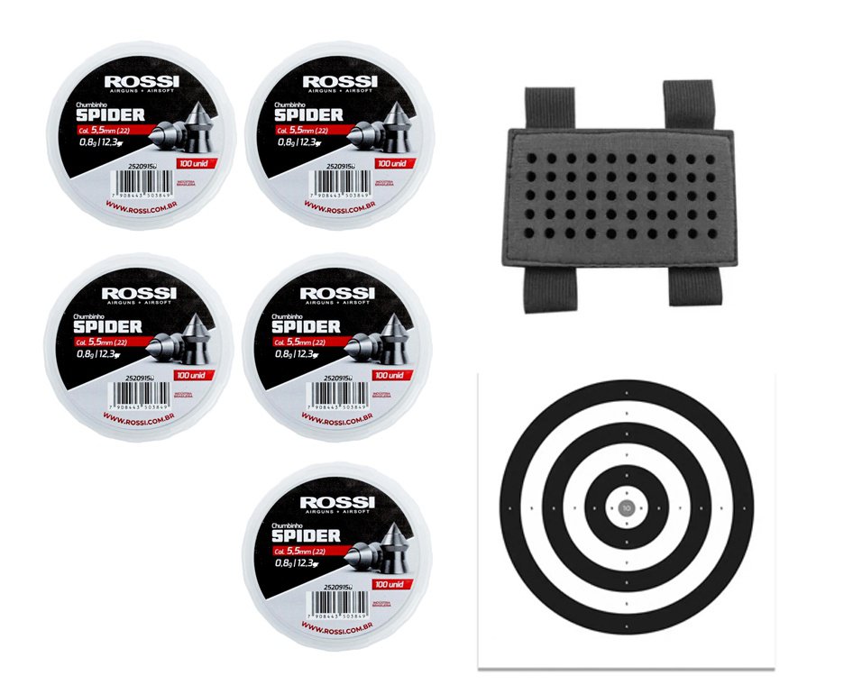 Kit 05 Cx Chumbinho Rossi Spider 5,5mm + Porta Chumbinho  + Alvos