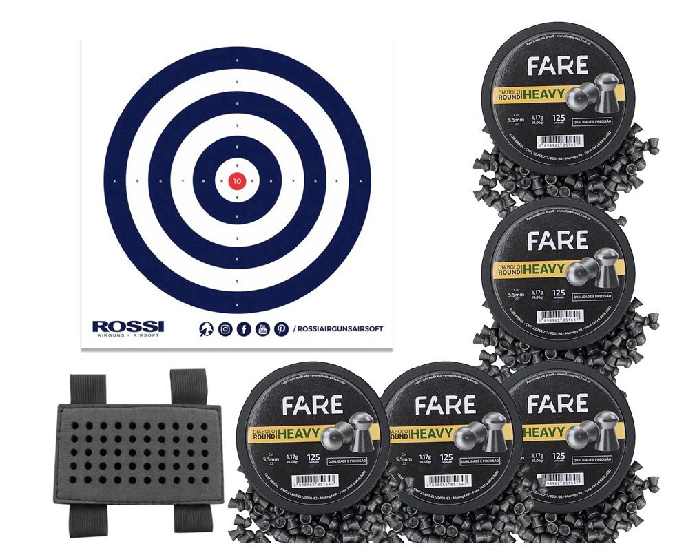 Kit 05 Cx Chumbinho Diabolo Fare Heavy 5,5mm 125un - Fare + Porta Chumbinho + Alvos